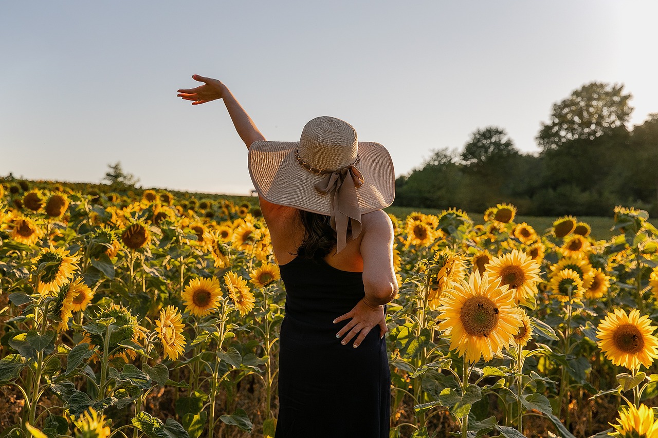 sunflowers, field, flowers, beautiful flowers, meadow, woman, model, hat, dress, nature, pose, flower wallpaper, flower background, joy, freedom